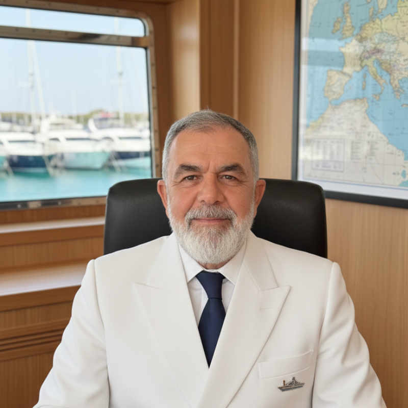 Kaptan Erol GELDEÇ — Profesyonel Yat Kaptanı, yat köprüsünde deniz haritası önünde kaptan üniformasıyla